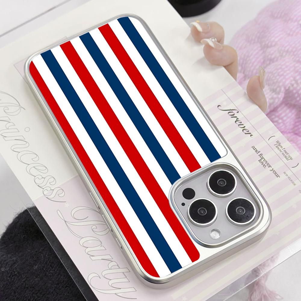 Red Blue Stripe Mobile Phone Case for iPhone 17 16 15 14 13 12 11 Air Pro Max Plus Silver Plating Colorful Cover Luxury Pretty
