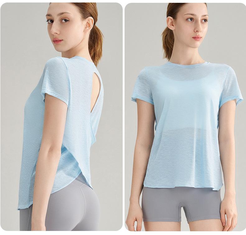 High-End Damen Slub Garn Aushöhlung Rücken Outdoor Sport Top – Atmungsaktiv, Rundhalsausschnitt, Kurzarm Fitness Yoga Überwurf für den Sommer.