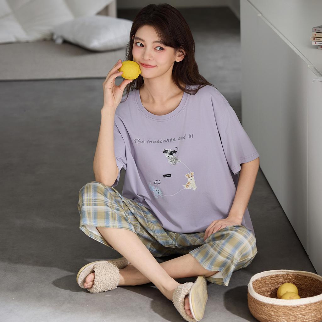 1011 new pajamas with chest pads women's summer pure cotton short-sleeved cropped pants loungewear anti-bumping outer wear pullover set