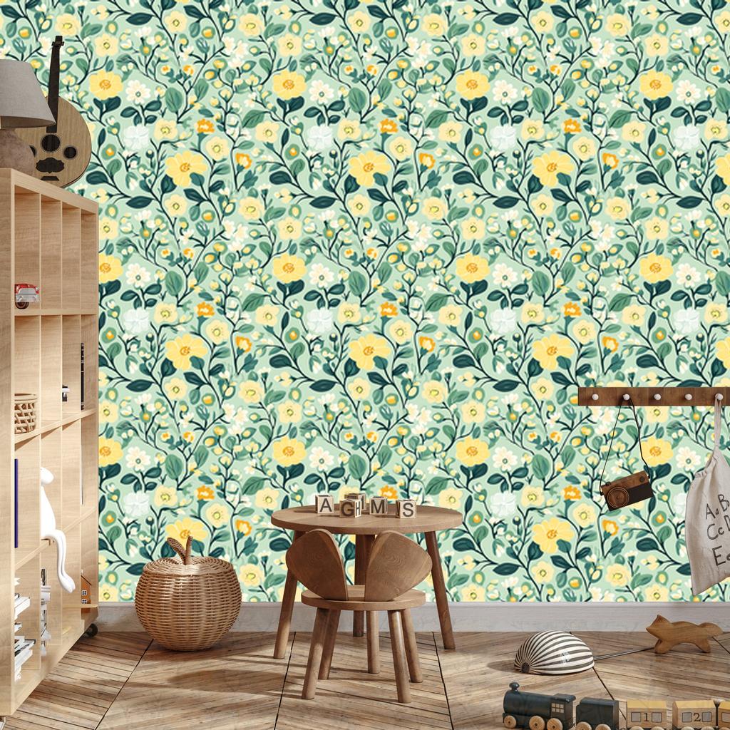 Cottagecore Flowers Wallpaper Green and Mint for Living Room and Bedroom 50x1000