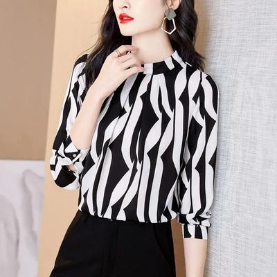 Women's New Tops Fashionable Slimming Striped Thin Pullover Stand-up Collar Long-sleeved Shirts