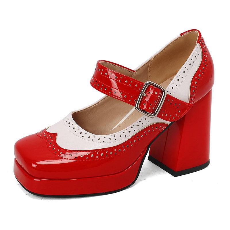 Square head thick-soled thick-heeled super-high-heeled women's single shoes patent leather Brock burning flowers spell spring and autumn Lolita