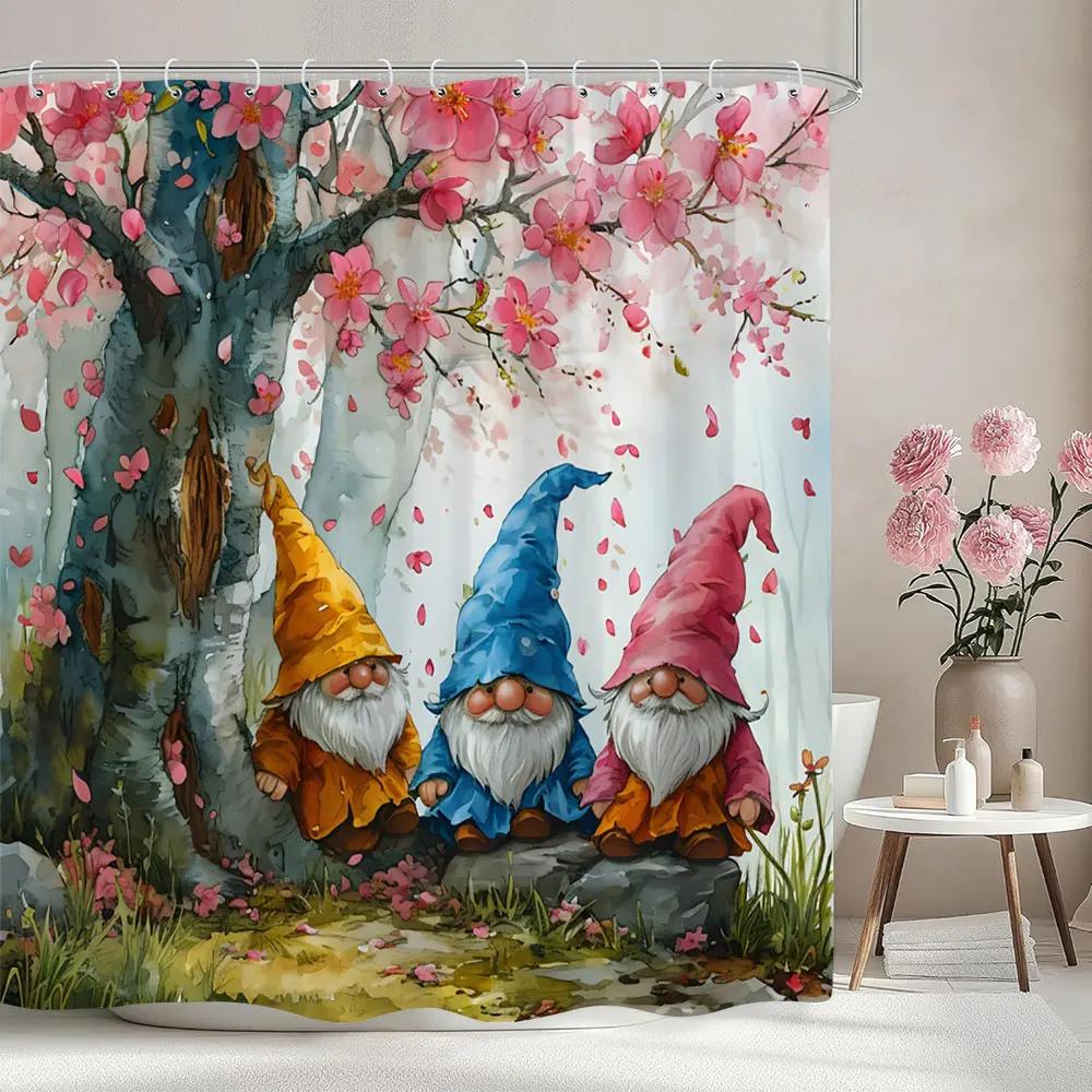 Cartoon Elf Kids Shower Curtain Spring Floral Botanical Lavender Watercolour Art Pattern Polyester Shower Curtain Bathroom Decor