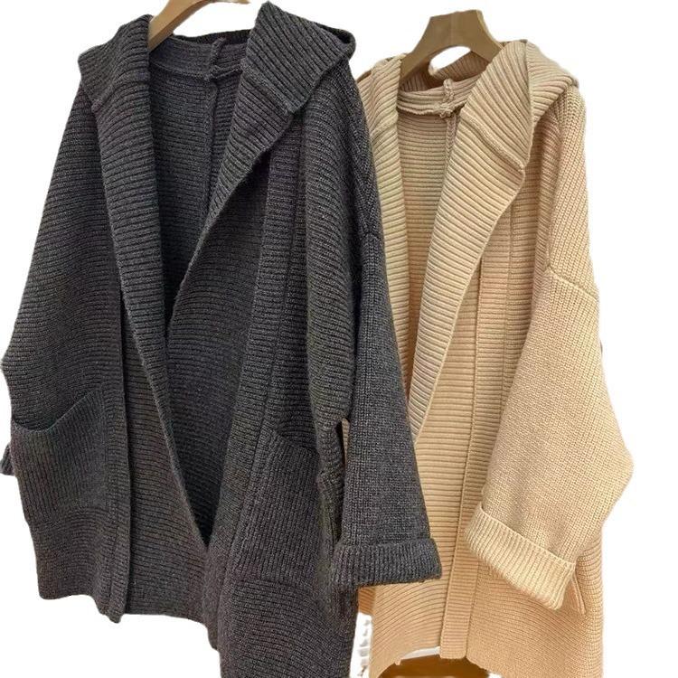 V-neck Loose Large Size Sweater Jacket Women's Retro Simple Style Pocket Silhouette Hooded Jacket Women's Autumn Versatile