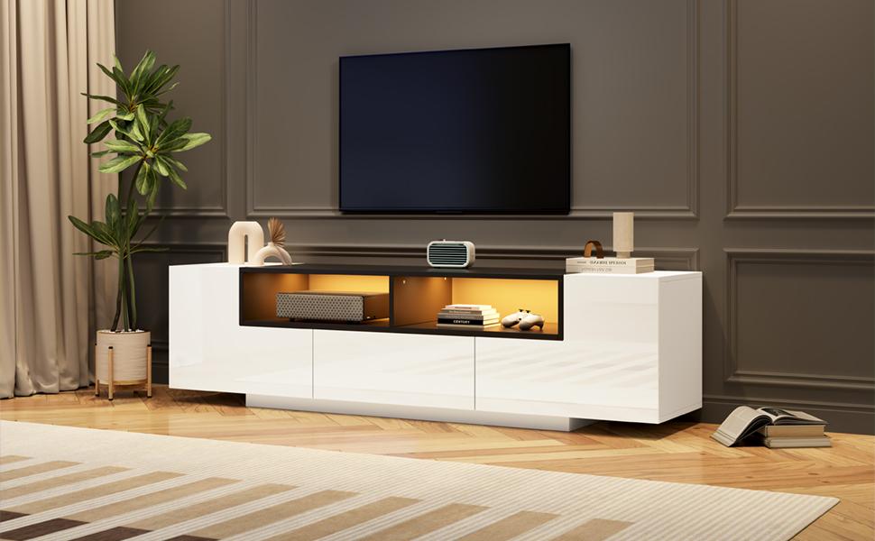 Freistehender TV-Schrank mit LED-Beleuchtung, L-Form und Schubladen, Hochglanz Weiß, Geeignet für 75-Zoll-Fernseher, Weiß+Schwarz, 180*40*48cm