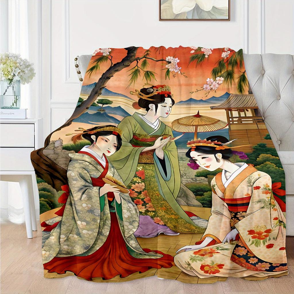 Japanese Geisha Floral Landscape Print Flannel Blanket - All-Season Soft Polyester Throw for Sofa, Bed, Travel & Home Decor, Vibrant Digital
