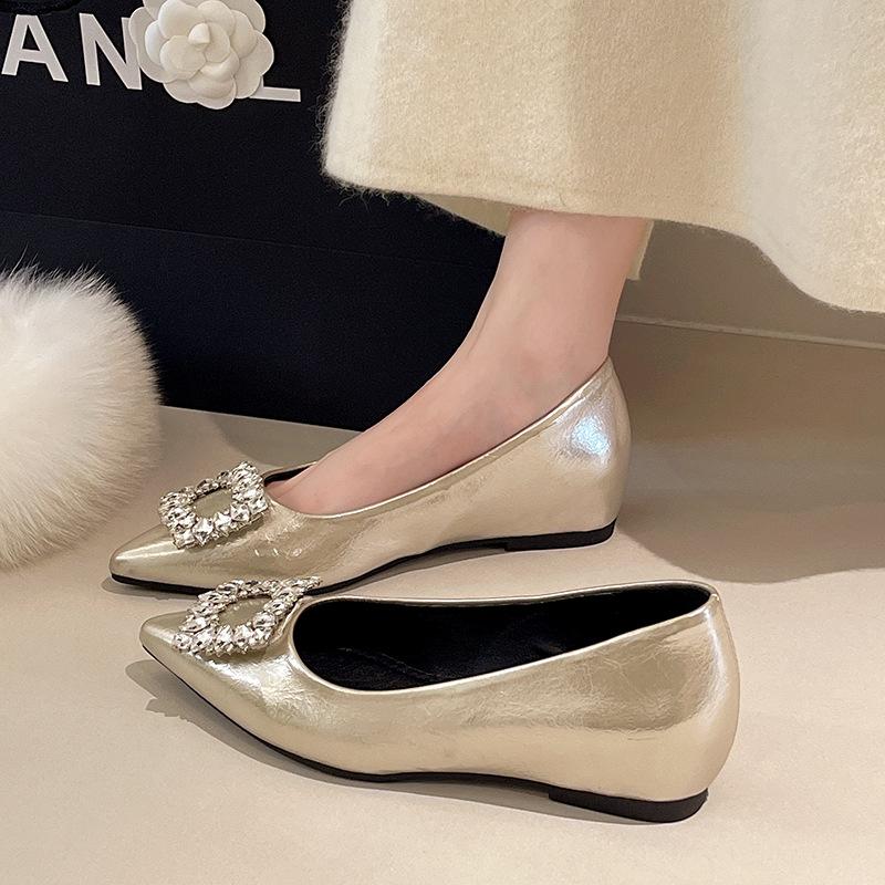 Inner Height Increase Pointed Tip Shallow Mouth Single Shoes Women's Shoes 2025 Summer and Autumn Square Buckle Rhinestone Real Soft Leather Commuti
