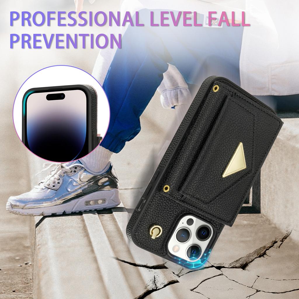 Für iPhone 16 Pro Hülle Kartenhalter Leder+TPU Handyhülle mit langem Riemen