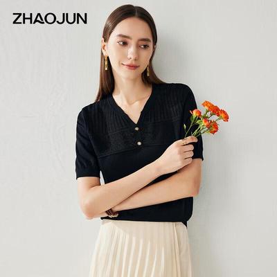 Zhao Jun Women's Mulberry Silk V-Neck Short Sleeve Knit Top