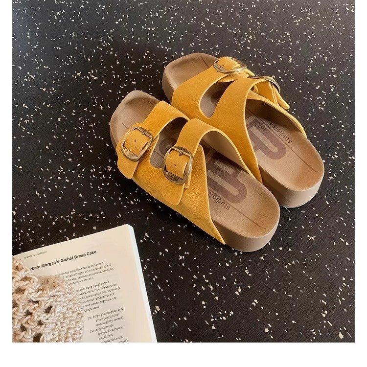 Soft leather version~ Boken cool slippers women's outer wear 2025 summer new thick bottom one-word buckle with lazy height Boken tow