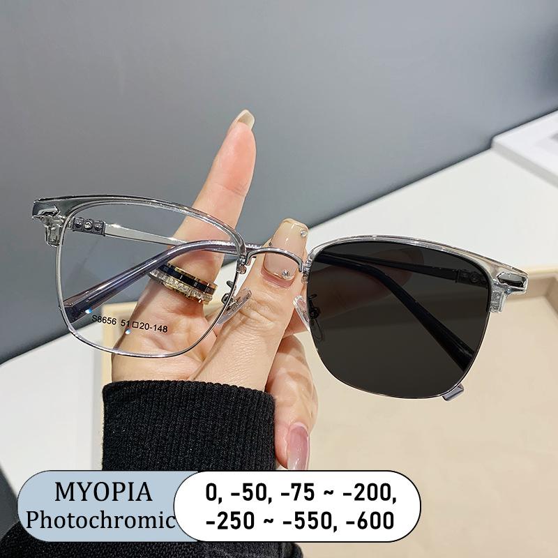 Brand Optical Women Prescription Square Eyebrows Frame Anti Blue Light Myopia Glasses Photochromic Eyeglasses Alloy