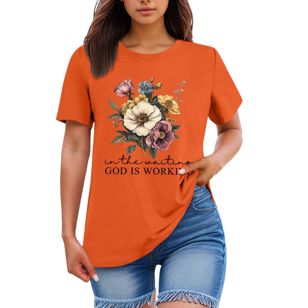 Ladies' Loose Comfortable Casual Fashionable Plant Flower Printed Round Neck Short Sleeved Shirt