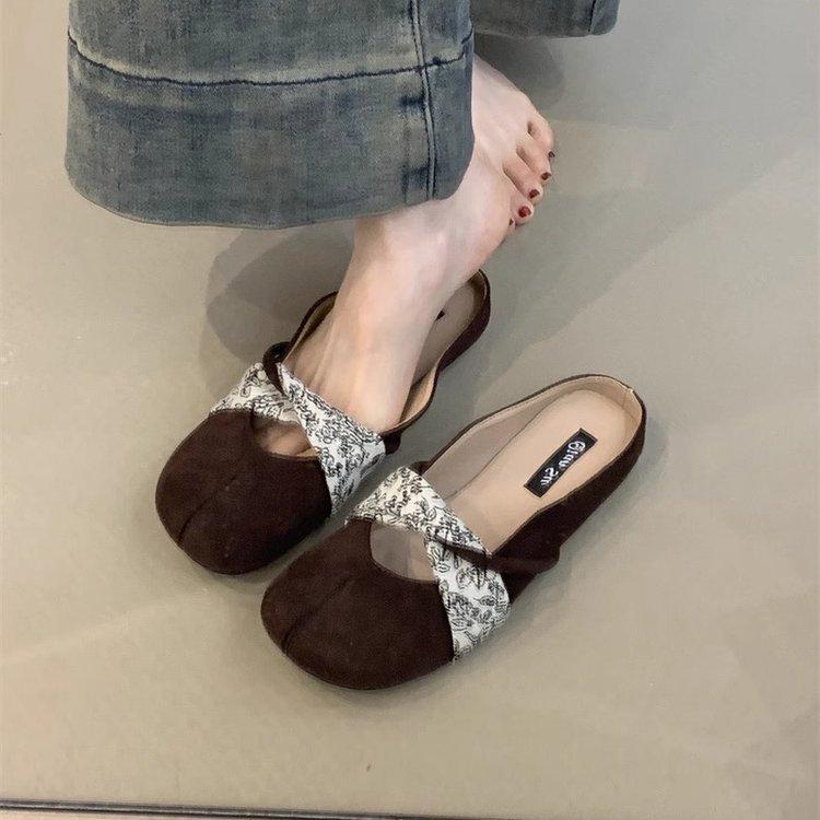 Retro Mary Jane shoes 2025 spring French niche design gentle suede inner height increase one pedal lazy slippers