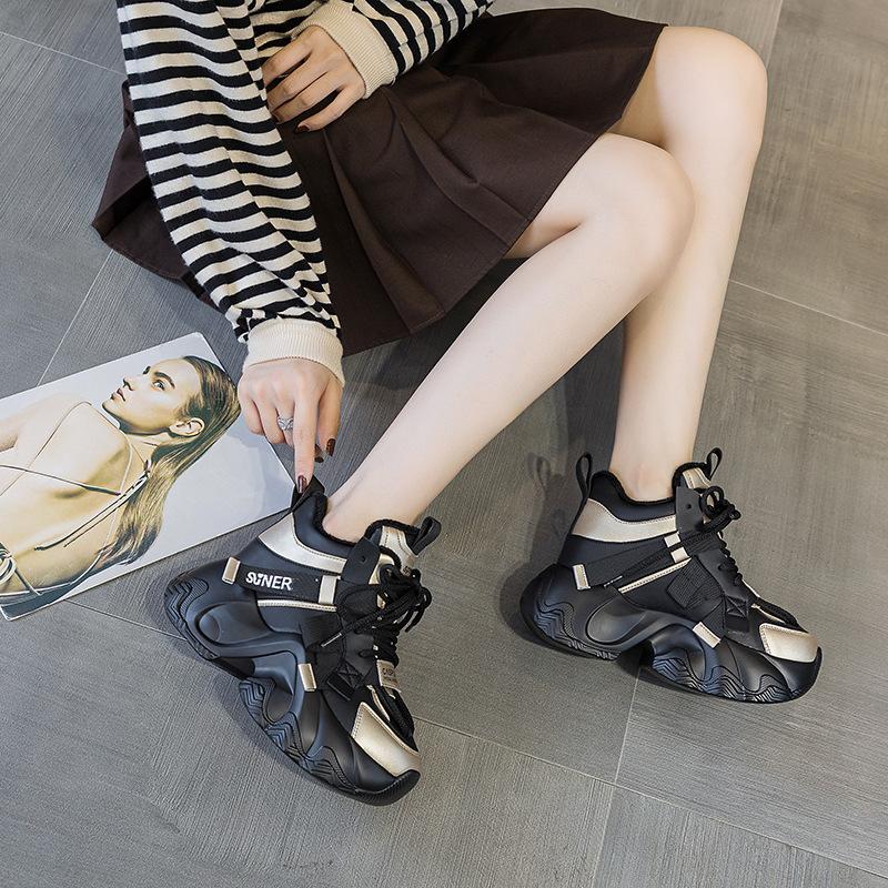 Platform dad shoes women's  women's shoes inner height increase 8cm Internet celebrity casual versatile fashion style lace-up women's shoes