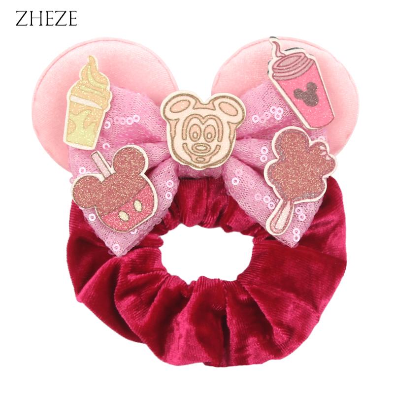New Disney Mouse Ears Scrunchies Hairband Girl Ponytail Holder For Women Sequins Bows Headband  Women Trip DIY Accessories
