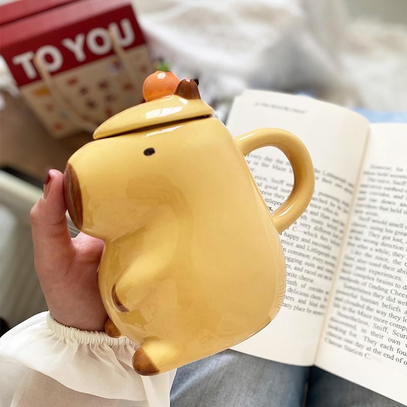 

Kapibara cup creative children s mug water cup with lid household ceramic cup funny capybara cup 301-400ml
