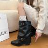 Large tube circumference locomotive women's trousers new versatile pointed boots retro belt leather boots thick heel buckle fashion no