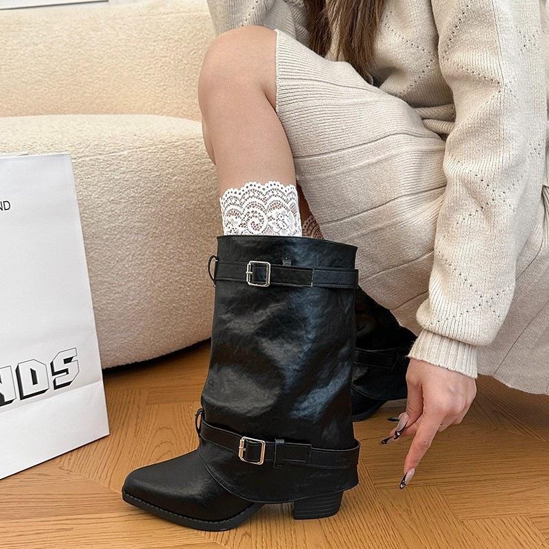 Large tube circumference locomotive women's trousers new versatile pointed boots retro belt leather boots thick heel buckle fashion no
