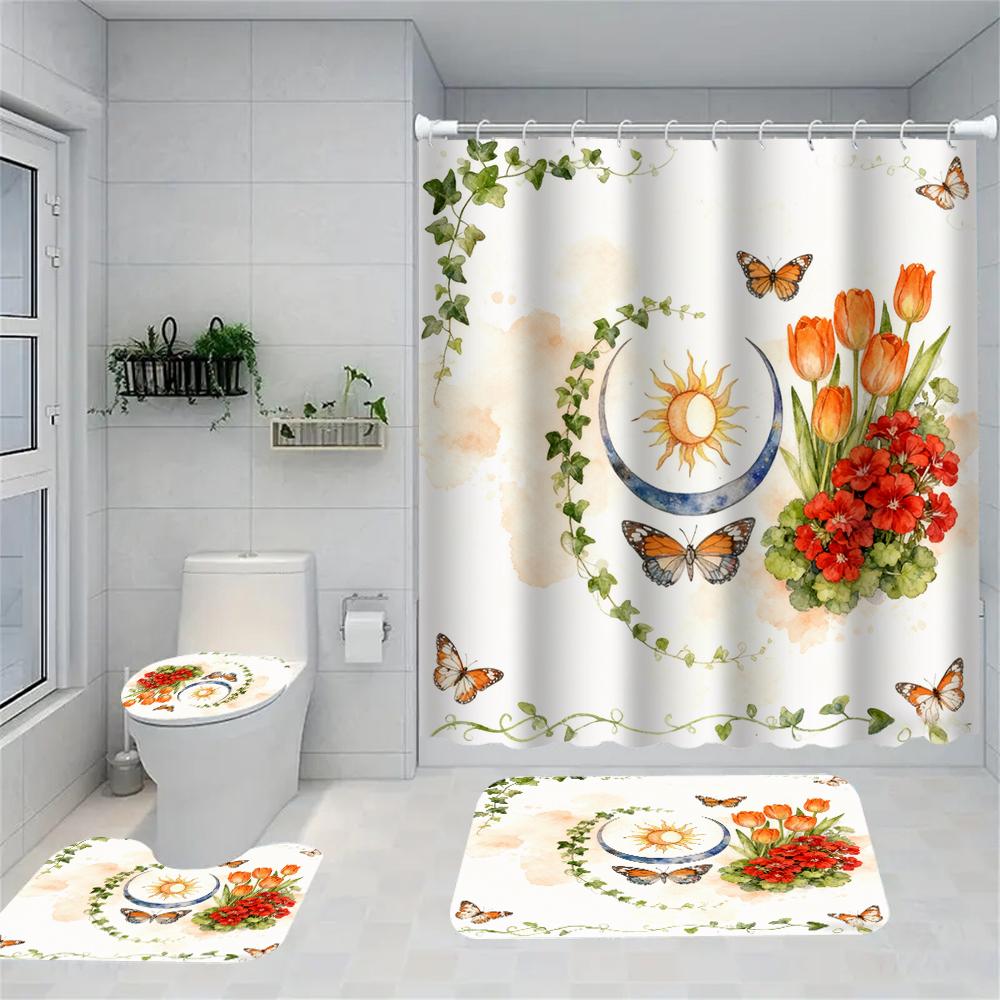 1/4 Marine Organisms Print Shower Curtains, Toilet Seat Decoration, Shower Curtain with Carpet and Toilet Lid, 70.8x70.8 Inch