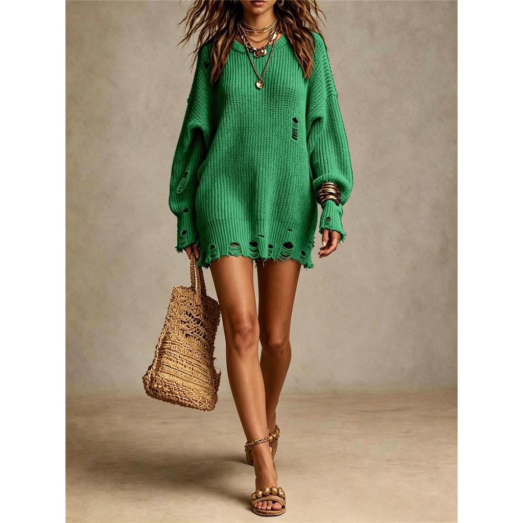 Damen Langarm Tunika Pullover Used Look Rissige Löcher Oversized Locker Gestrickt Jumper