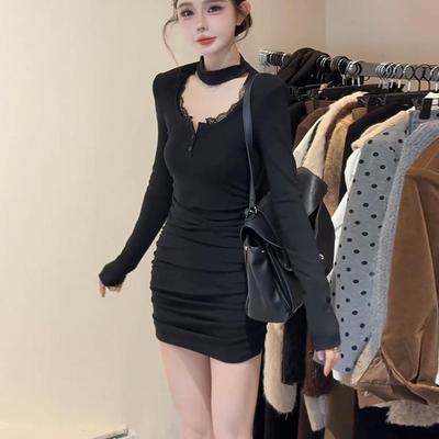 Spice Girl Neck Lace Collar Dress Women's Pure Desire Sexy Design Temperament Slim and Thin Wrinkled Hip Skirt