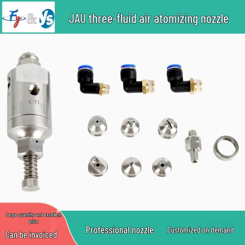Stainless Steel Anti-Drip Triple-Fluid Air Atomizing Nozzle with Siphon and Circular Fan Spray