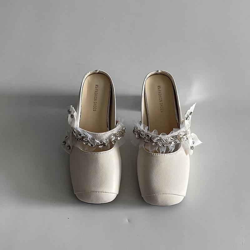 

Нишевая роскошь 2025 весна и лето ручной работы женская обувь ретро на высоком каблуке крутые шлепанцы для улицы бант сумка носок полушлепанцы 40 белый