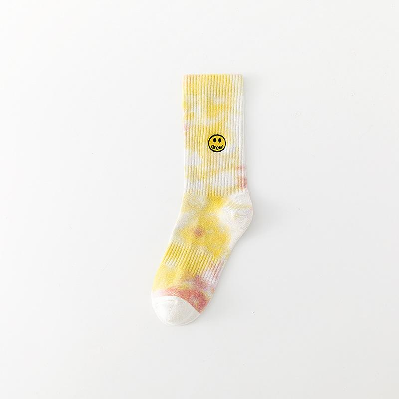 

Осенне-зимние парные носки до середины икры, модные носки из хлопка с вышивкой в виде смайлика, окрашенные в технике тай-дай, для мужчин и женщин, трендовые и персонализированные носки 1 pair