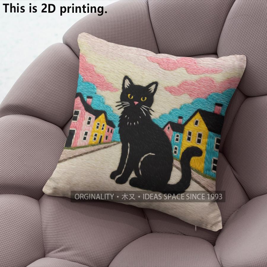 Vintage Black Cat Town Scene Throw Pillow Covers Pattern Cushion Cover Suitable For Sofa Bedroom Car Pillow Cover