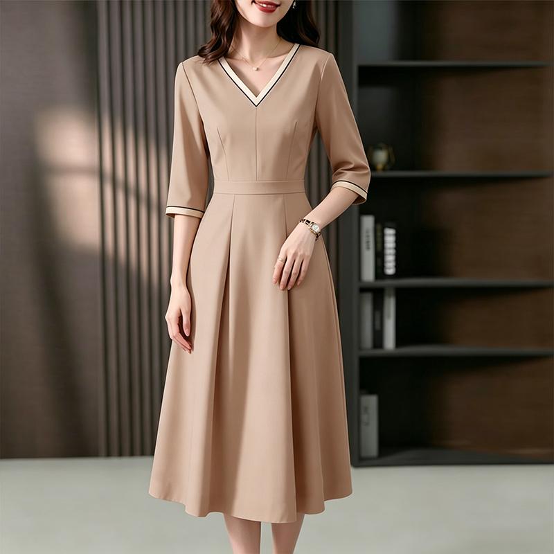 ZANZEA Women Elegant V-Neck Casual 3/4 Sleeve A-line Dress S хаки