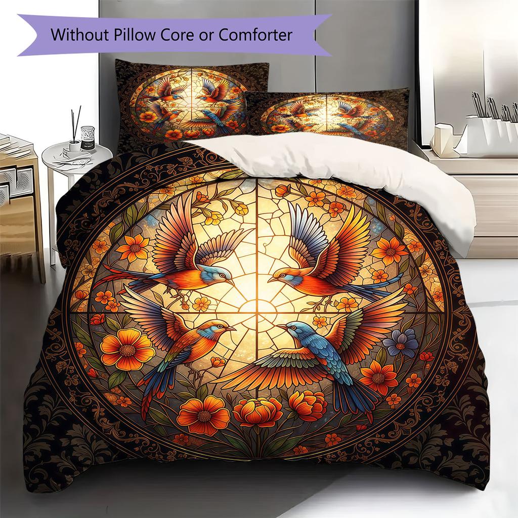 Stainedglassbirds Pattern Bedding Quilt Set Quilt Cover Pillowcase Home Decoration Birthday Gift (1 * duvet cover + 2 * pillowcase, without core)