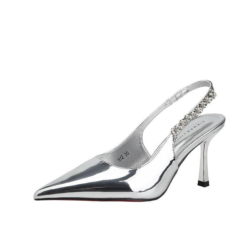 Silver pointed rhinestone rear empty high heels spring and summer new bag head thin heel chain sexy versatile women's sandals