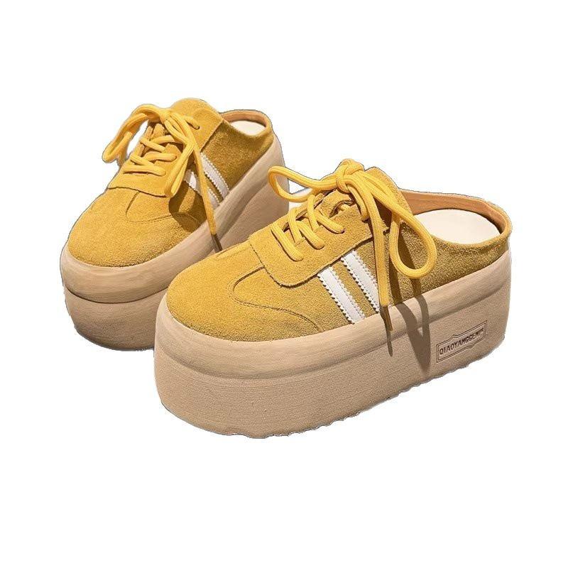 Frosted Lace-up Bag Head Half Slippers, Small Thick-soled Muffin To Increase the Height, Lazy Boken Shoes, Women's Shoes, Shoes