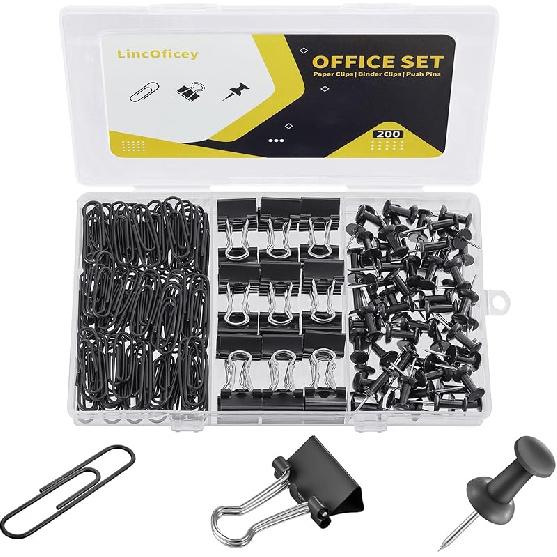 200pcs Paper Clips Binder Clips and Push P Set, Mini Clips and Thumb Tacks for Multipurpose Document Organization (White) чёрный