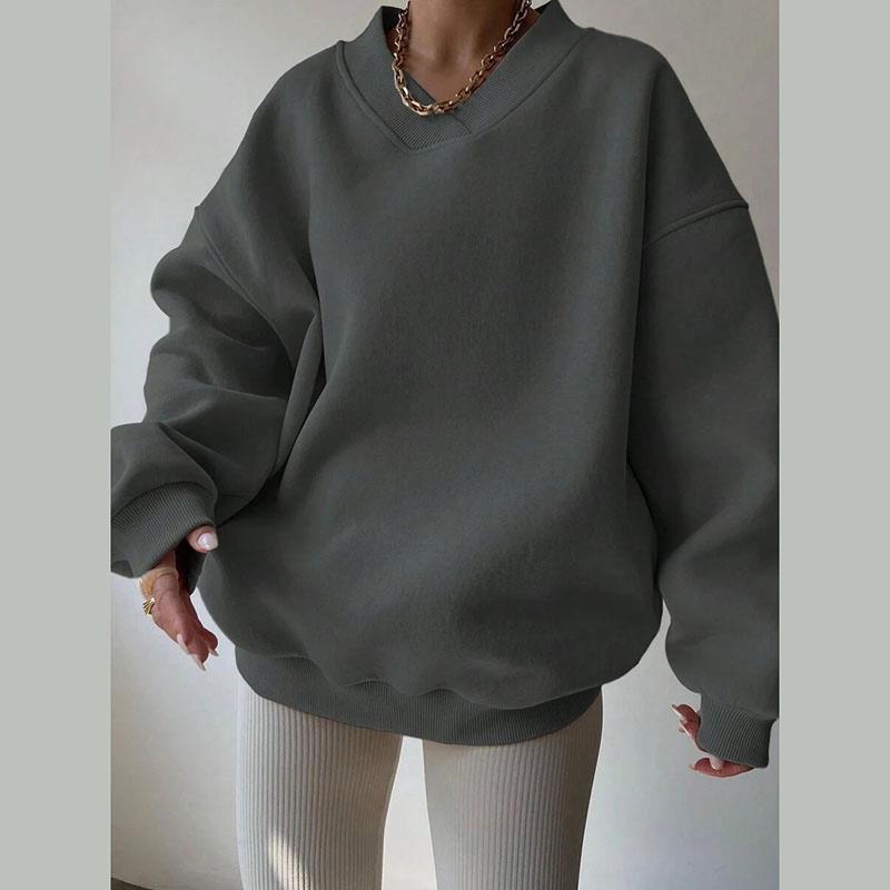 Damen Oversize Sweatshirt mit O-Ausschnitt Herbst Winter Mode Locker Einfarbig Hoodie Vielseitiger Causal Langarm Pullover