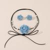 2PC Denim Camellia Beaded Tie Necklace & Earrings Set for Women Fashion Jewelry Gift