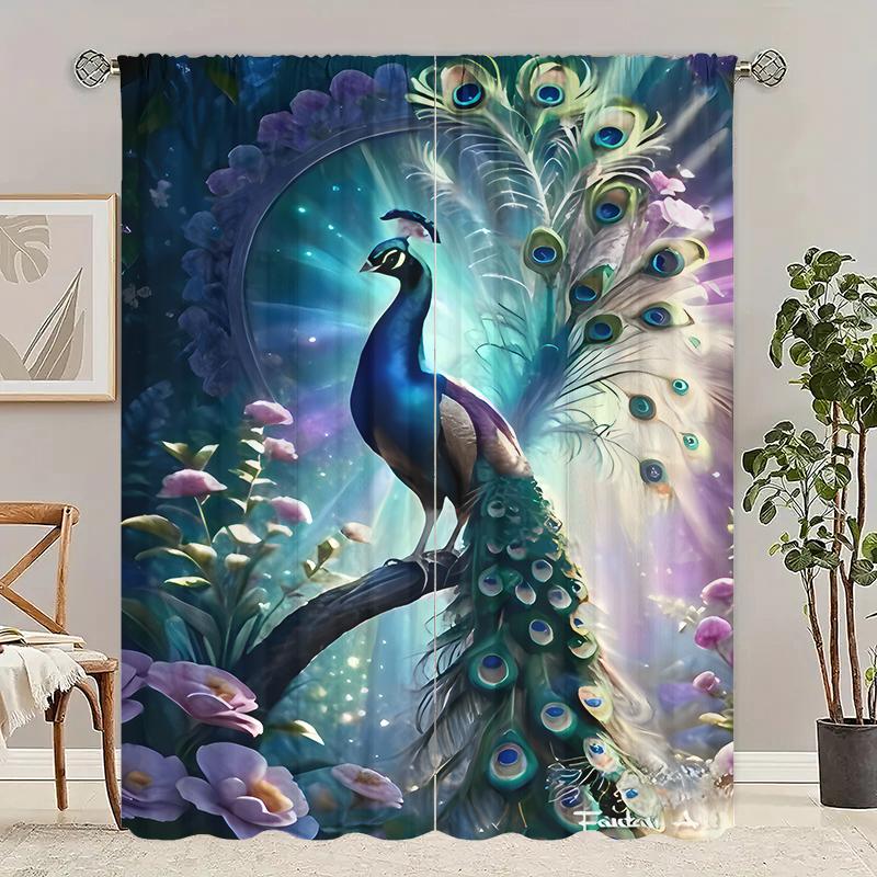 2pcs- Vitality Peacock Polyester Curtains, pole bag curtains 42*84, bedroom, living room, home room decoration