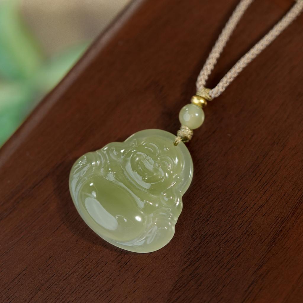 Natural Qingshui Hetian Jade Buddha Pendant, Maitreya Buddha Big Belly Buddha Jade Necklace for Women, Laughing Buddha Jade Pendant