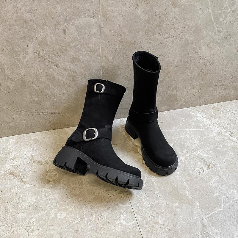 Boots Boots Women's Autumn and Winter New Round Head Platform Boots Belt Buckle Knight Martin Boots Western Cowboy Boots