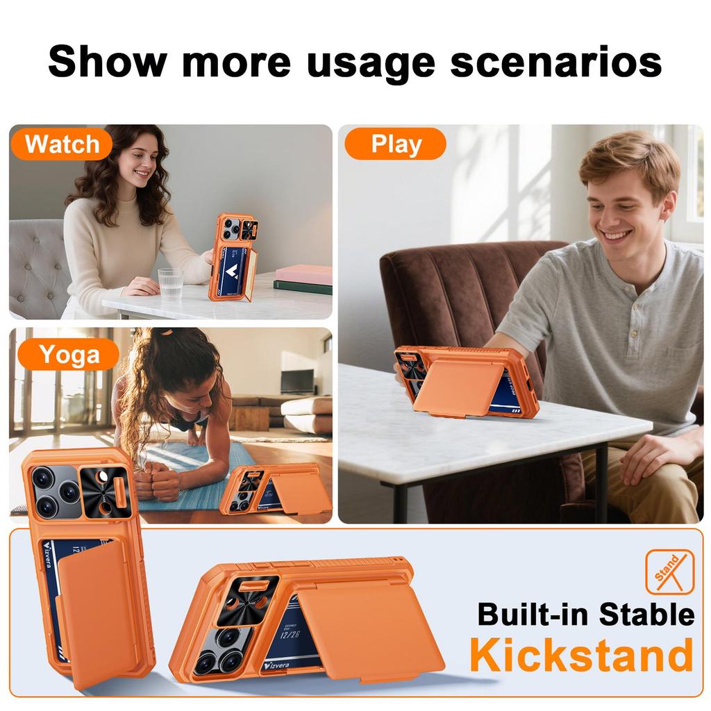 Mit Kartenhalter, Schiebefach für die Kamera und Ständer für iPhone 17 Pro Handyhülle, Anti-Fall PC+TPU Wallet Case - Orange
