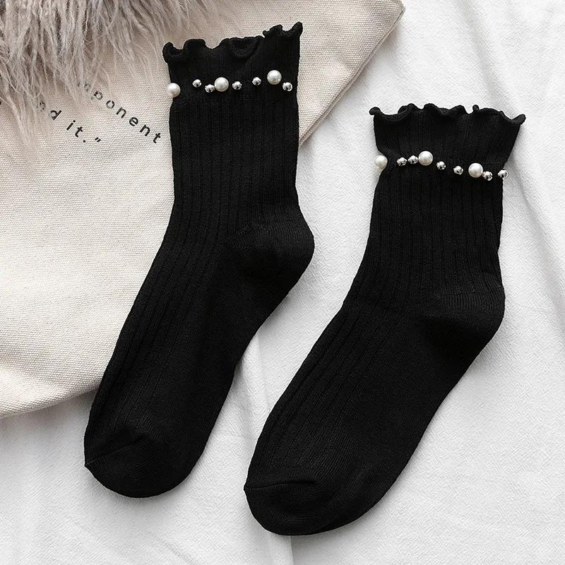 Japanische Kawaii Einfarbige Damensocken Süße Mädchen Niedliche Perlensocken Damen Koreanische Mode Harajuku Vintage Rüschen Socken mit Rüschen EUR 34-39 white