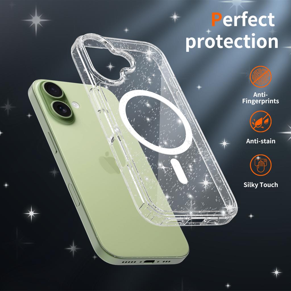 Mag Safe Phone Cover for Magsafe Iphone 17 Pro Max Air 17Pro Iphone17 16 Plus 16E 15 14 Pro 13 Pro Anti-Yellowing Clear Glitter Case Accessories