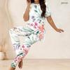 Women Plus Size Two Piece Set Round Neck Short Sleeve Floral Printed Longline Top Fitted Pants Light Green