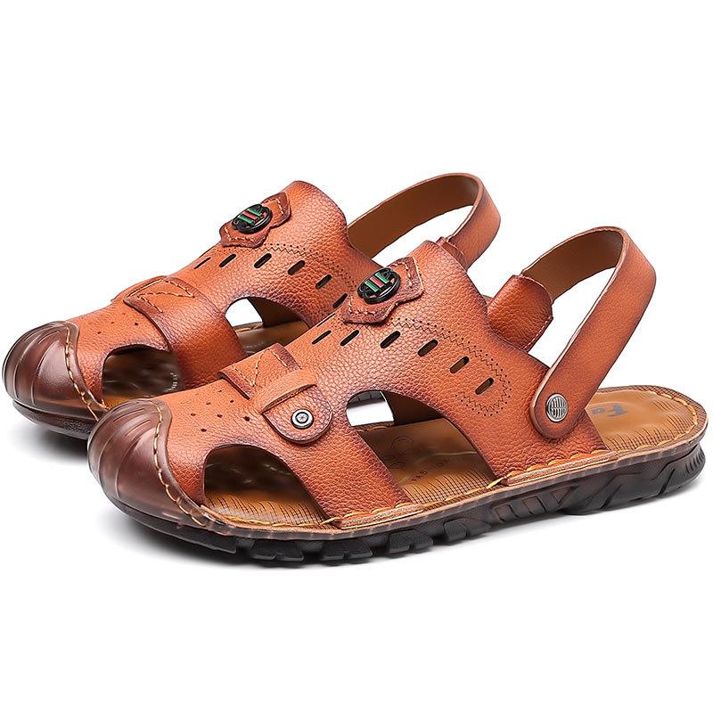 Baotou sandals men's leather casual beef tendon sole first layer cowhide beach shoes dual-purpose driving wear-resistant non-slip dad shoes