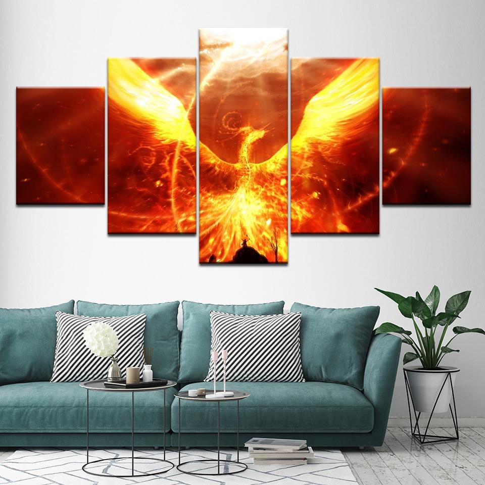 Canvas Painting Fantasy Art Fire Phoenix 5 Pieces Wall Art Painting Modular Wallpapers Poster Print for Living Room Home Decor