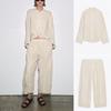 Za Double Breasted Round Neck Linen Blend Long Sleeve Shirts Outerwear 4043011 Mid Waist Casual Trousers 4043247