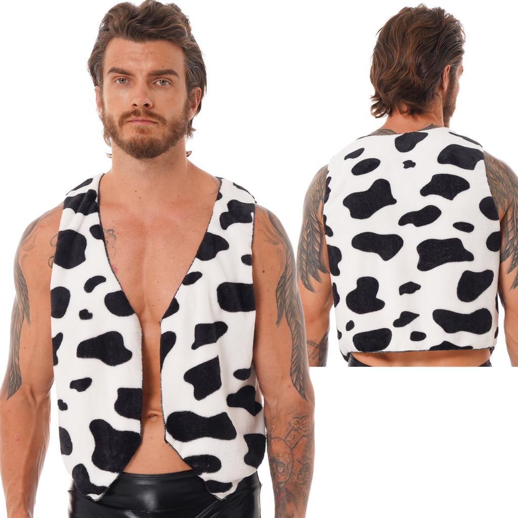 Mens Cow Print Flannel Vest Open Front V Neck Sleeveless Waistcoat Fancy Dress Costume