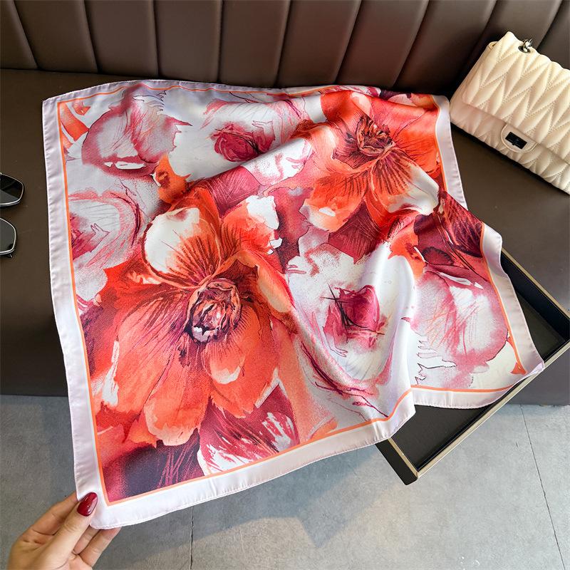 New Floral Print Silk Square Scarf Women Headscarf Soft Satin Kerchief Head Scarves Fashion Decorate Hijab Female Headband