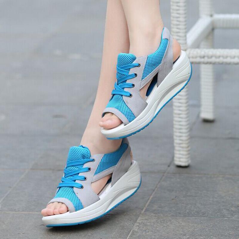 

New muffin sole sandals platform-soled wedge heel breathable rocking shoes women s mesh shoes comfortable sports and leisure women s shoes 35