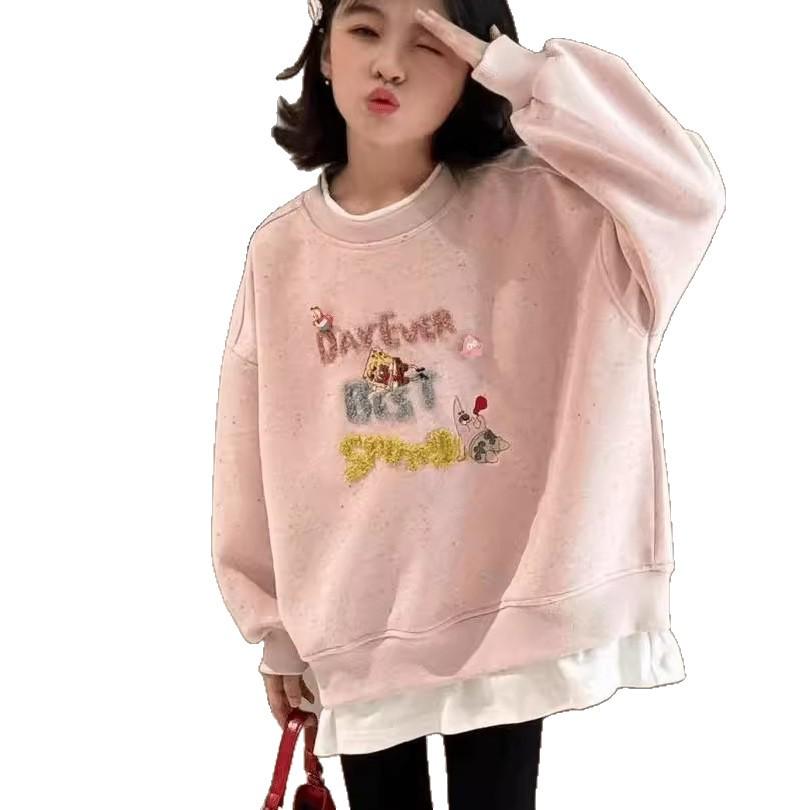 Girls' Korean Style Cartoon Hoodie - Faux Two-Piece Fashion for Autumn/Winter Medium/Large Kids